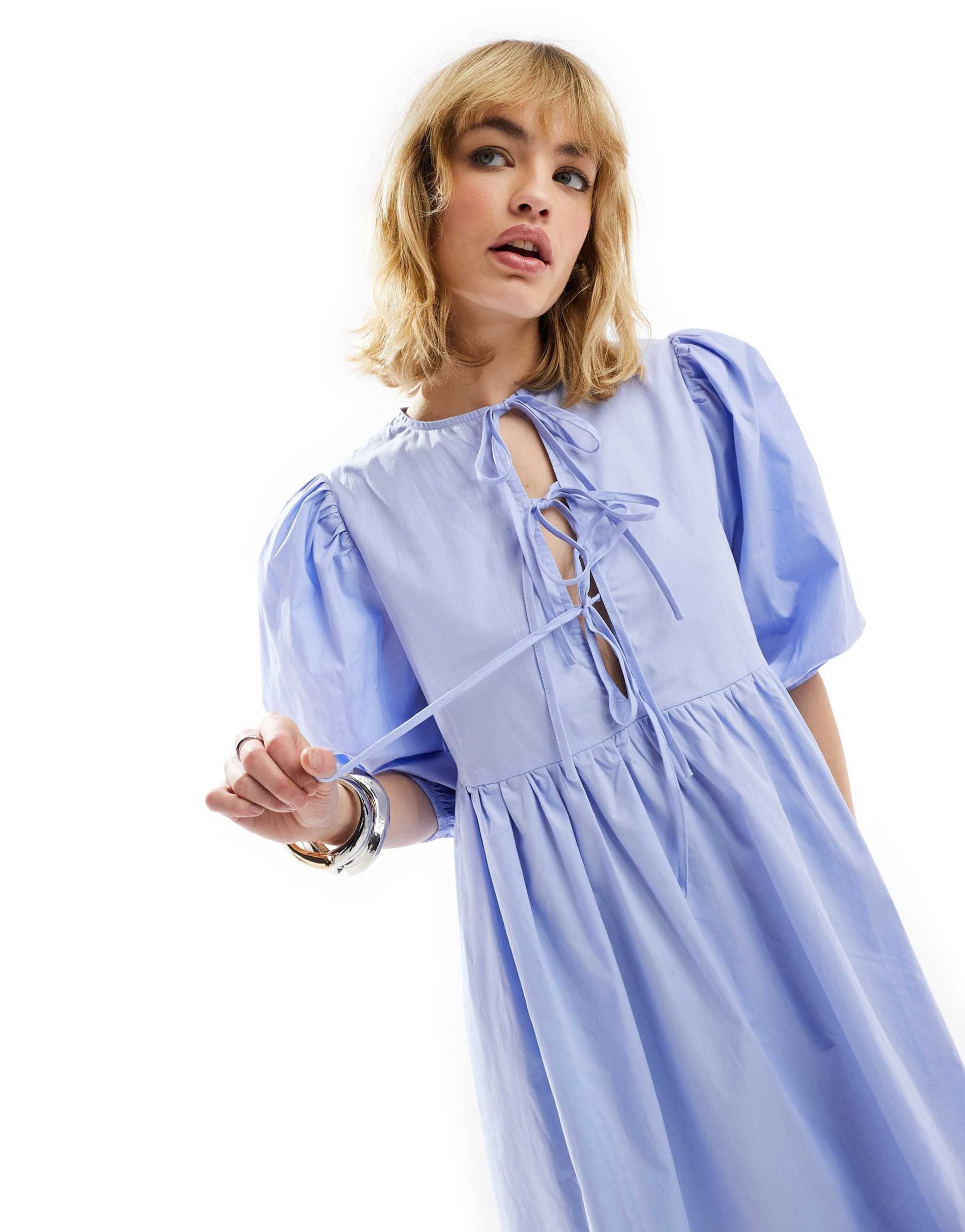 glamorous tie front midi smock dress in micro blue stripe
