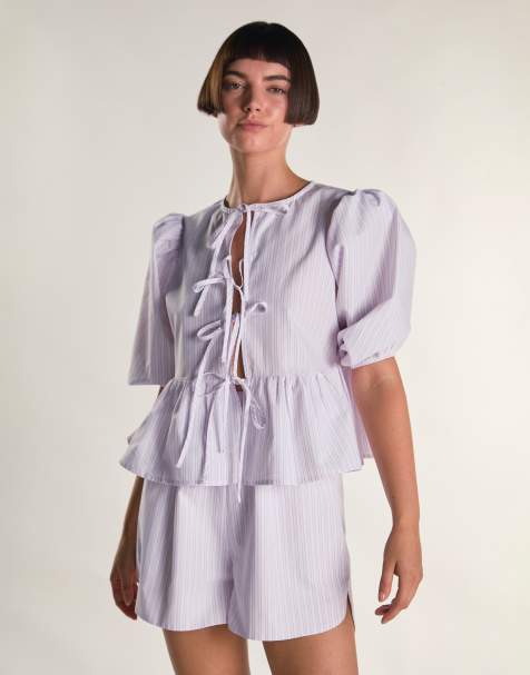Glamorous Tie front peplum top in light pink stripe