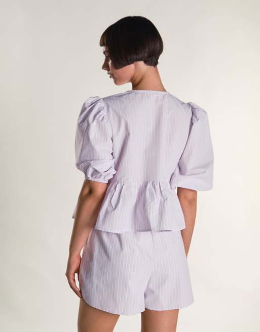 Glamorous Tie front peplum top in light pink stripe, 4 of 4
