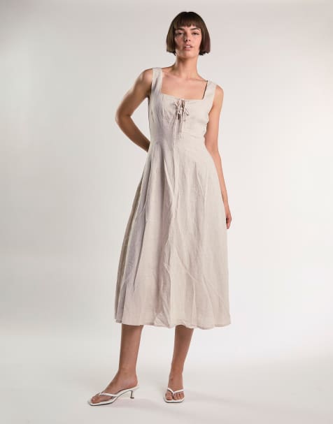 Glamorous Tie front pleated midi dress in beige fleck