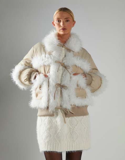 Glamorous Tie front puff jacket in stone white - view 1