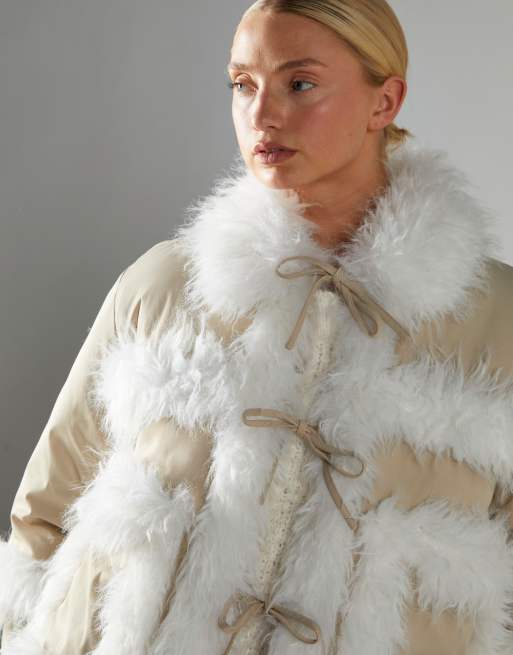 Glamorous Tie front puff jacket in stone white, 3 of 4