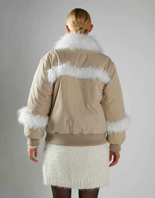 Glamorous Tie front puff jacket in stone white, 4 of 4