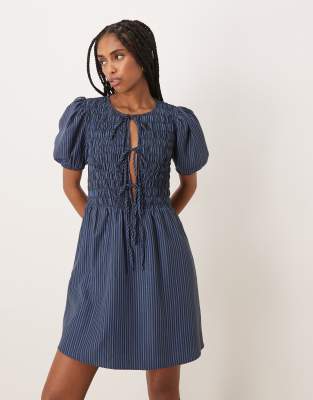 Glamorous Tie Front Puff Sleeve Mini Dress In Blue