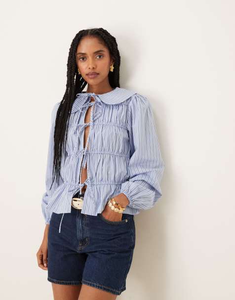Glamorous tie front shirred blouse in blue stripe - view 1