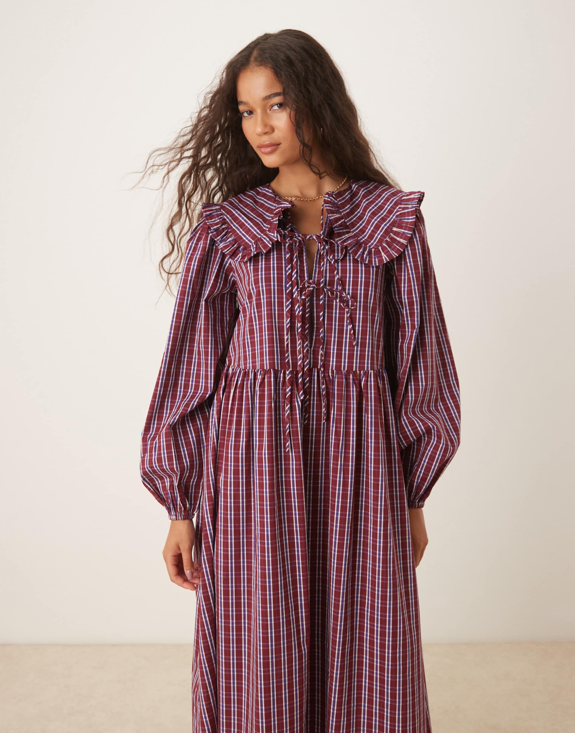 glamorous tie front smock midaxi dress with dramatic collar in red blue plaid