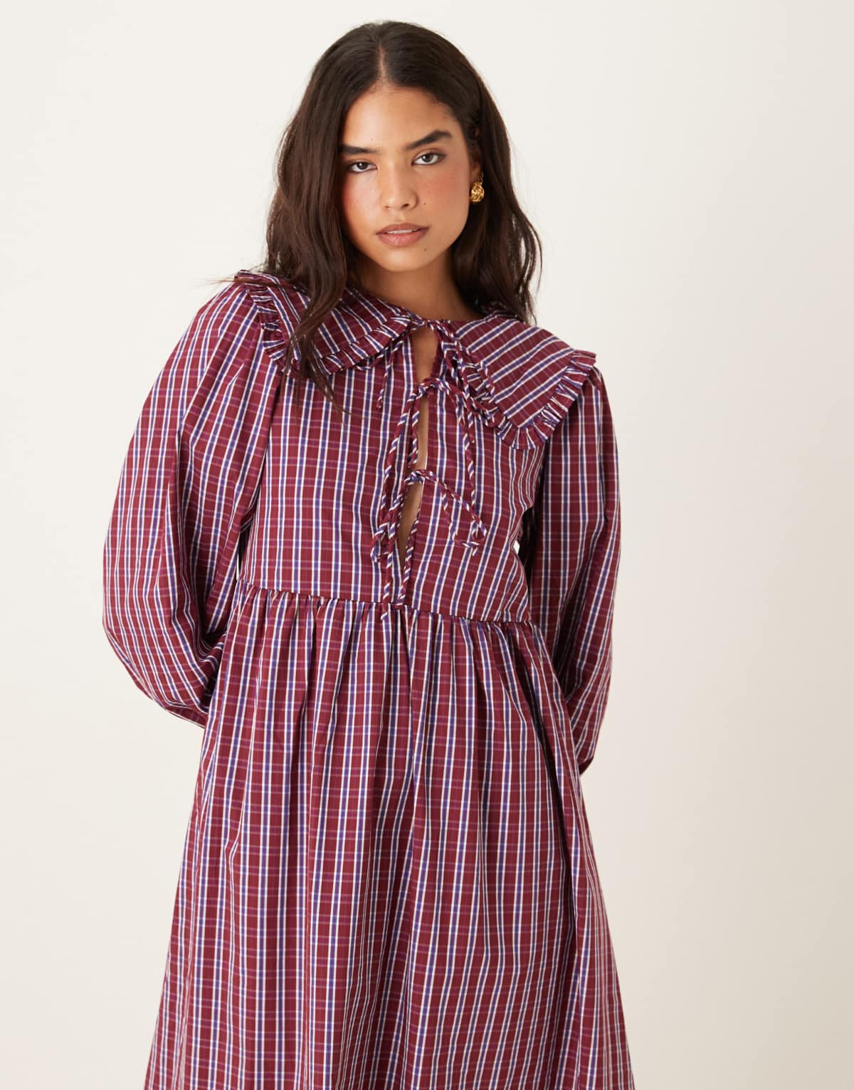 Glamorous tie front smock midi dress in burgundy navy check