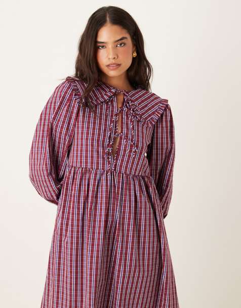 Glamorous tie front smock midi dress in burgundy navy check