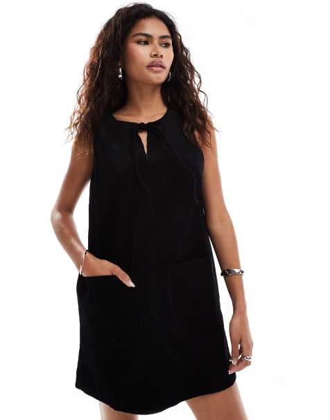Glamorous tie front smock mini dress in black corduroy - view 1