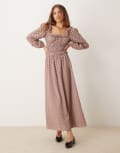 [Glamorous] Glamorous tie front square neck volume sleeve maxi dress with shirring and bow in red check 26 Red check