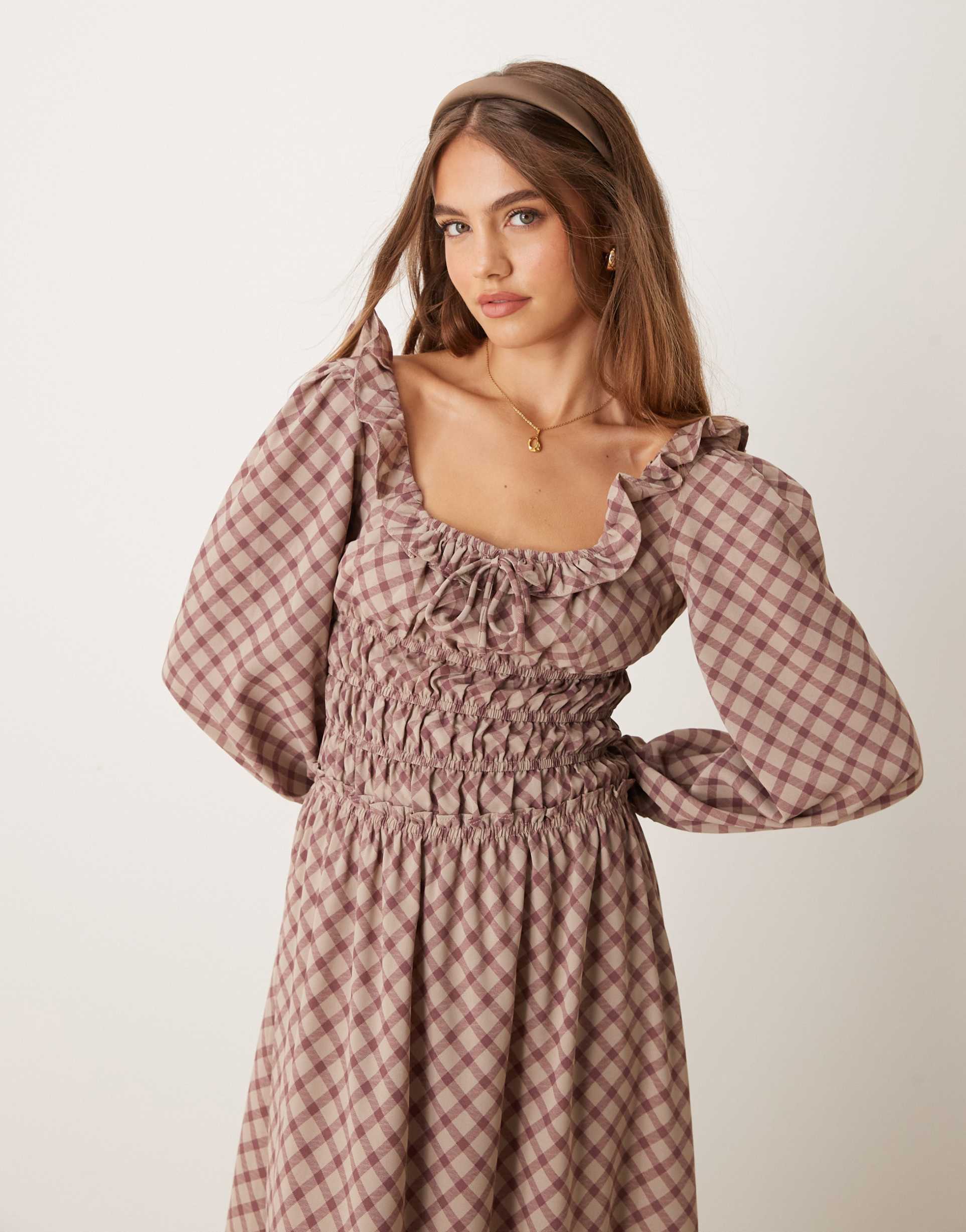 glamorous tie front square neck volume sleeve maxi dress with shirring and bow in red check