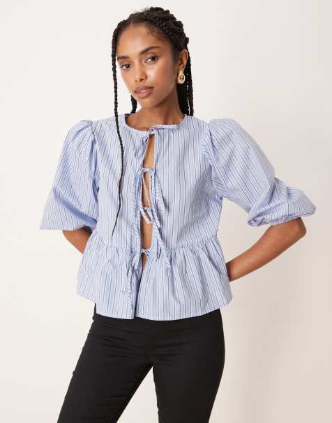 Glamorous tie front tops in mixed blue stripe
