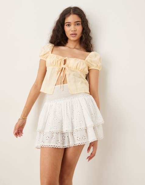 Glamorous tie front tops in pale lemon