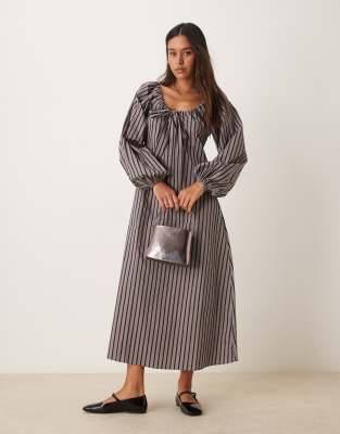 tie front volume sleeve maxi smock dress in gray black stripe-Multi