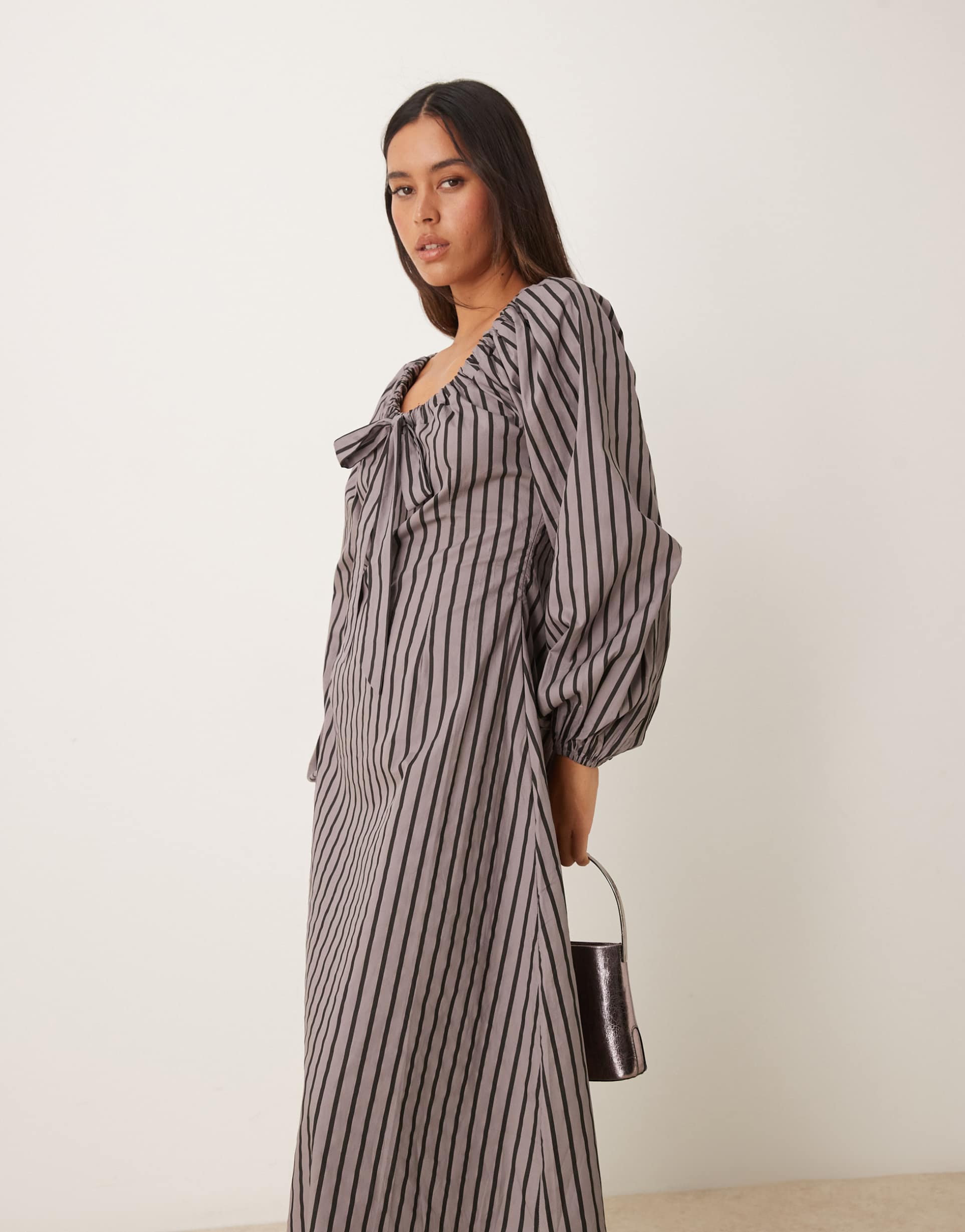 glamorous tie front volume sleeve maxi smock dress in gray black stripe
