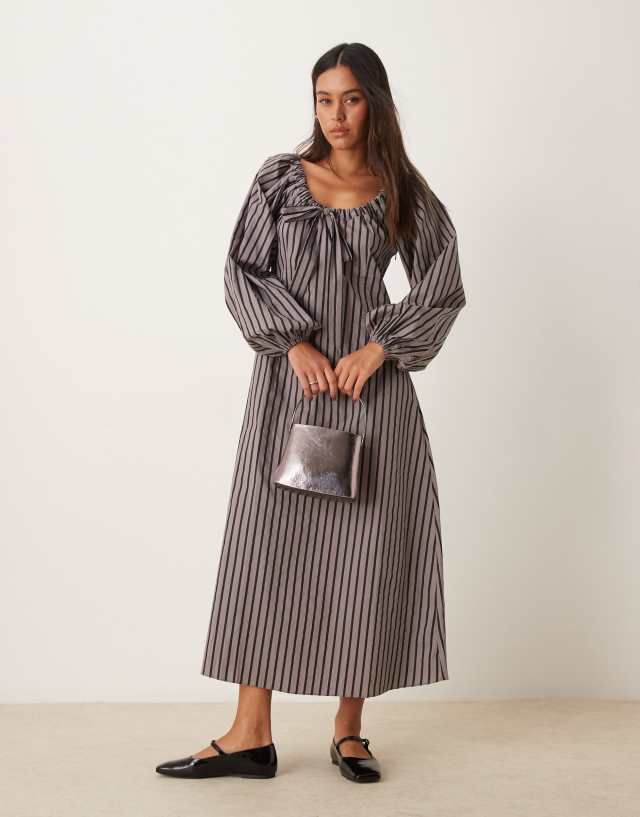 grey and black striped dress Glamorous tie front volume sleeve maxi smock in stripe 23% cotton Colour_Ombre Rock Star Troll Costume Size:8L