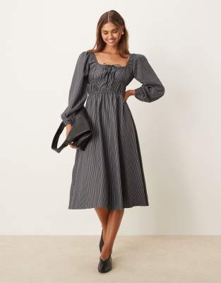 glamorous tie front volume sleeve shirred maxi dress in gray and black stripe