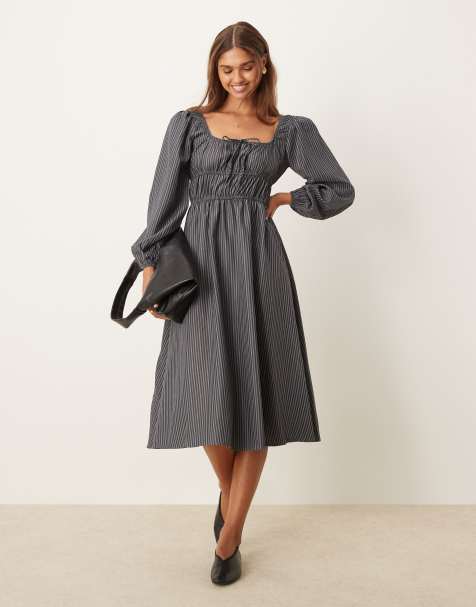 Glamorous tie front volume sleeve shirred maxi dress in grey and black stripe - view 1