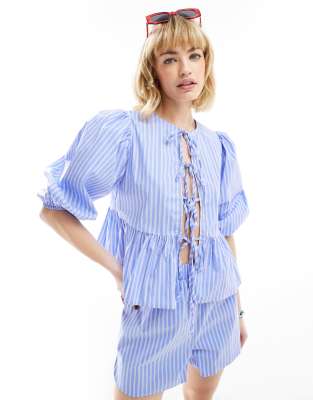 GLAMOROUS TIE FRONT VOLUME SMOCK TOP IN BLUE WHITE STRIPE - PART OF A SET