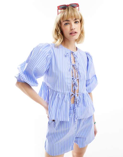 Glamorous tie front volume smock top in blue white stripe - part of a set