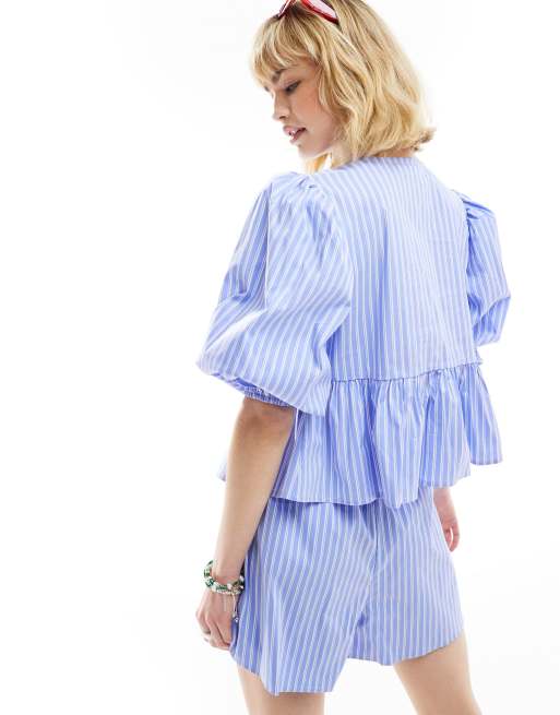 Glamorous tie front volume smock top in blue white stripe - part of a set