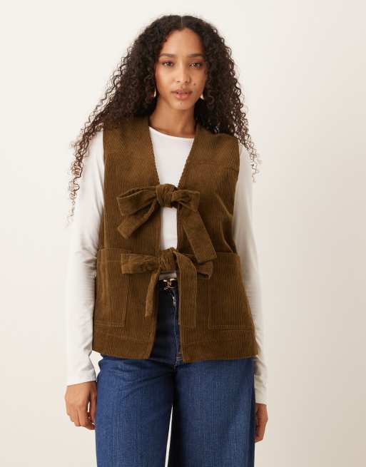 Glamorous tie front waistcoat in olive brown cord