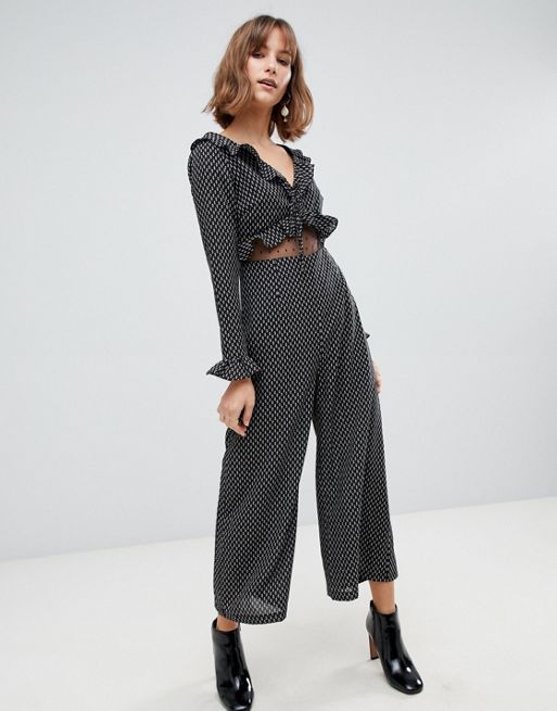 Glamorous tie front wide leg jumpsuit with ruffle detail | ASOS