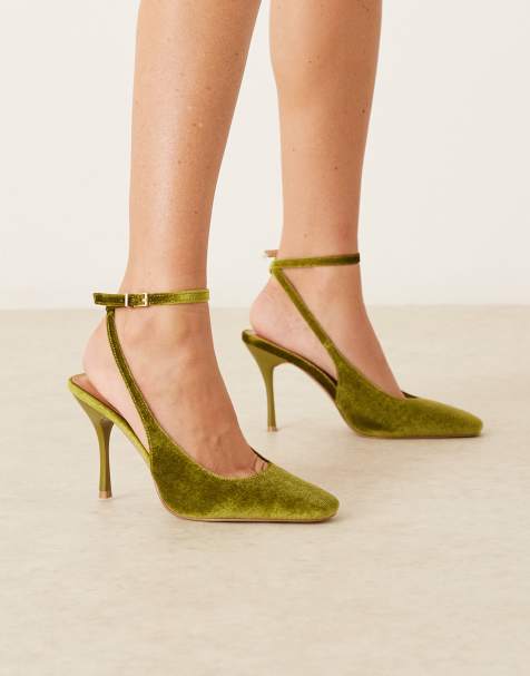 Glamorous tie leg heeled shoes in khaki-green velvet - view 1
