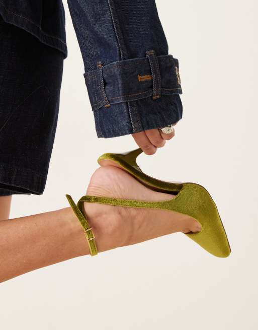 Glamorous tie leg heeled shoes in khaki velvet, 3 of 4