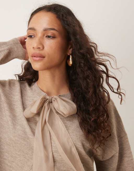 Glamorous tie neck knit sweater in coffee oat