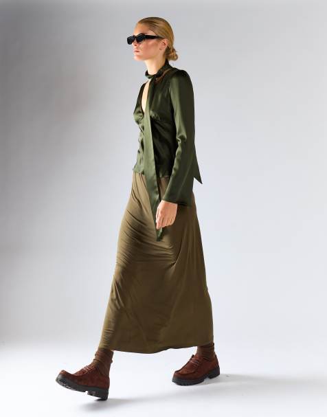 Glamorous Tie-neck long sleeve top in deep khaki