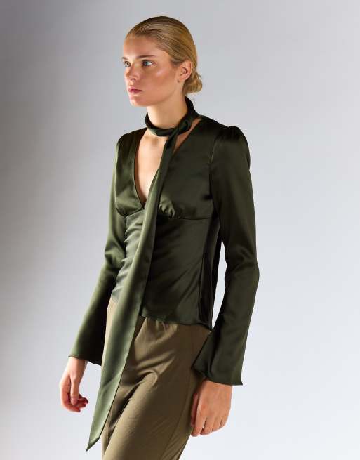 Glamorous Tie-neck long sleeve top in deep khaki, 2 of 4