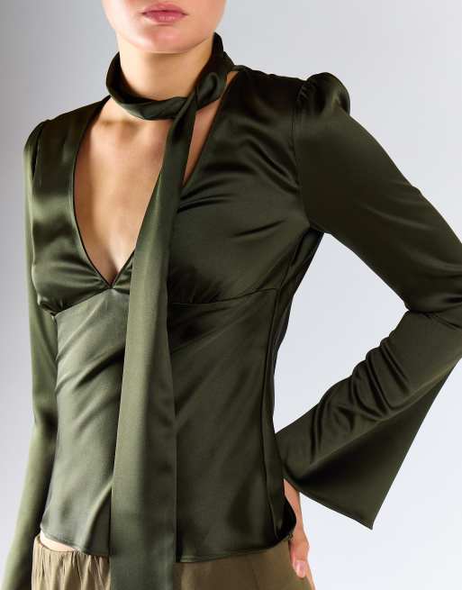 Glamorous Tie-neck long sleeve top in deep khaki, 3 of 4