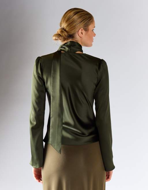 Glamorous Tie-neck long sleeve top in deep khaki, 4 of 4