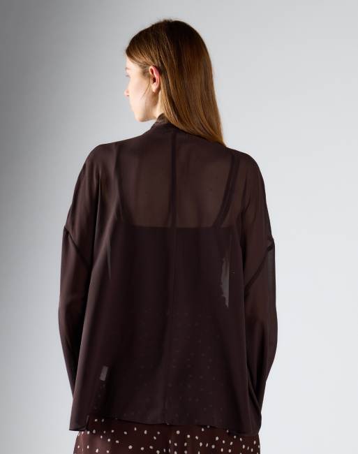 Glamorous Tie neck sheer blouse in coffee brown, 2 of 4