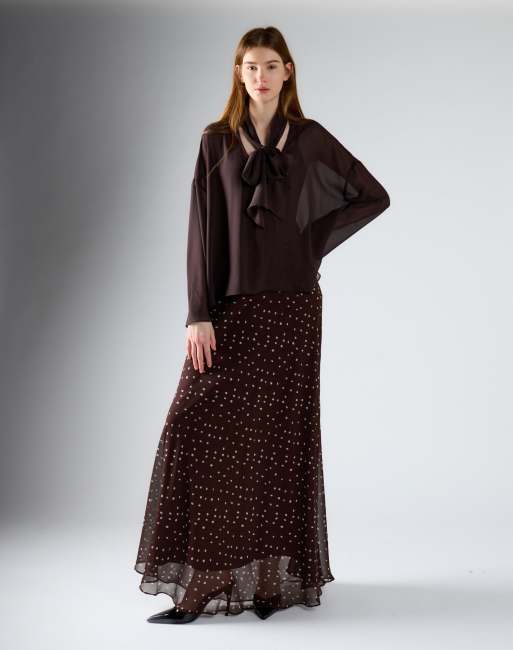 Glamorous Tie neck sheer blouse in coffee brown, 4 of 4