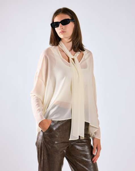 Glamorous Tie neck sheer blouse in cream - view 1
