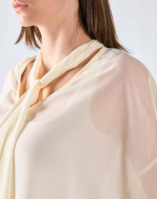 Glamorous Tie neck sheer blouse in cream, 2 of 4
