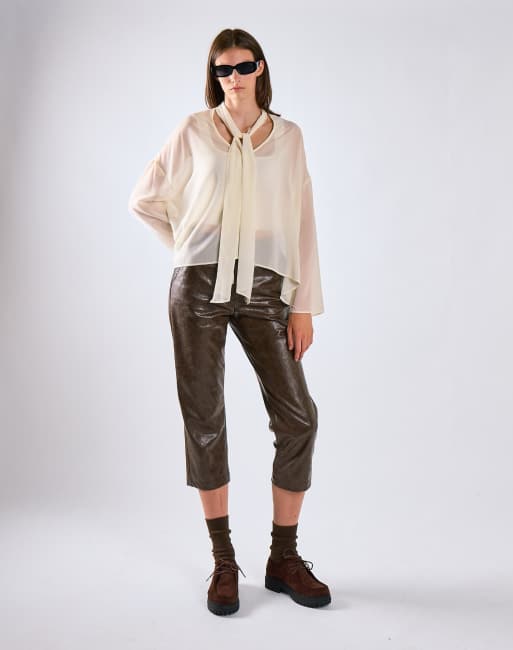 Glamorous Tie neck sheer blouse in cream, 3 of 4