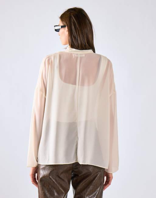 Glamorous Tie neck sheer blouse in cream, 4 of 4
