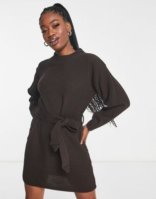 Glamorous tie waist chunky jumper dress in dark chocolate knit