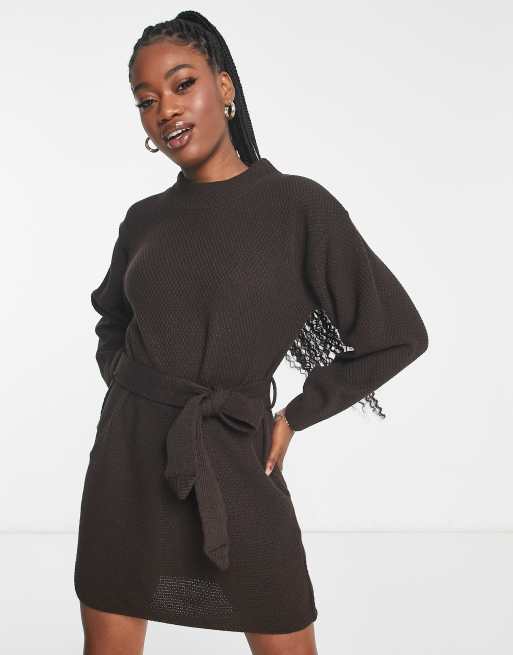 Glamorous tie waist chunky jumper dress in dark chocolate knit ASOS