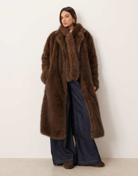 Glamorous Tie Waist Faux Fur Coat in brown - view 1