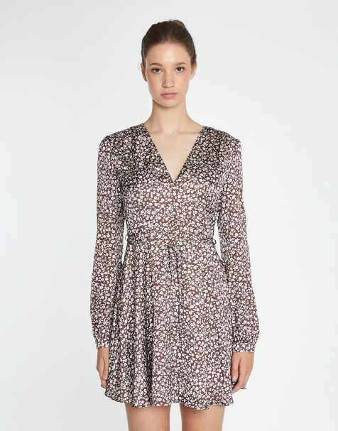 Glamorous Tie waist long-sleeve mini-dress in brown ditsy - view 1