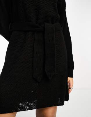 Petite Black Touch Belted Knit Jumper Dress