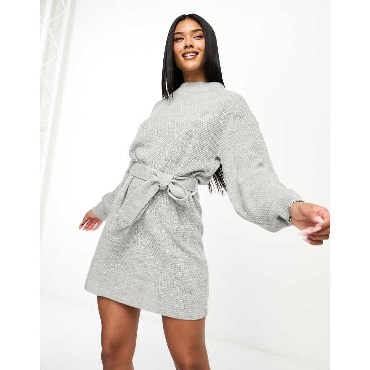 Gray Mini Dress - Crew Neck Sweater Dress - Ribbed Knit Heather Gray Dress