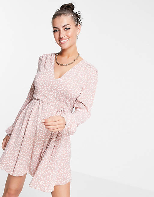 Glamorous tie waist swing dress in pink ditsy floral