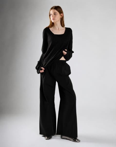 Glamorous Tie waist wide leg trousers in black