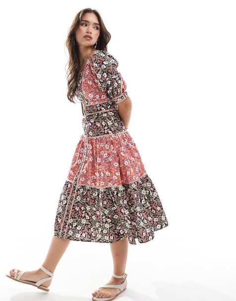 Glamorous tiered button front midi dress in mixed folk poplin