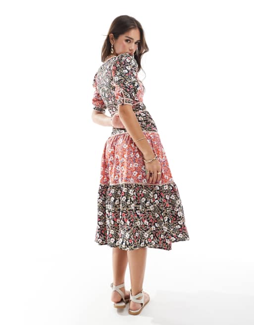 Glamorous tiered button front midi dress in mixed folk poplin | ASOS
